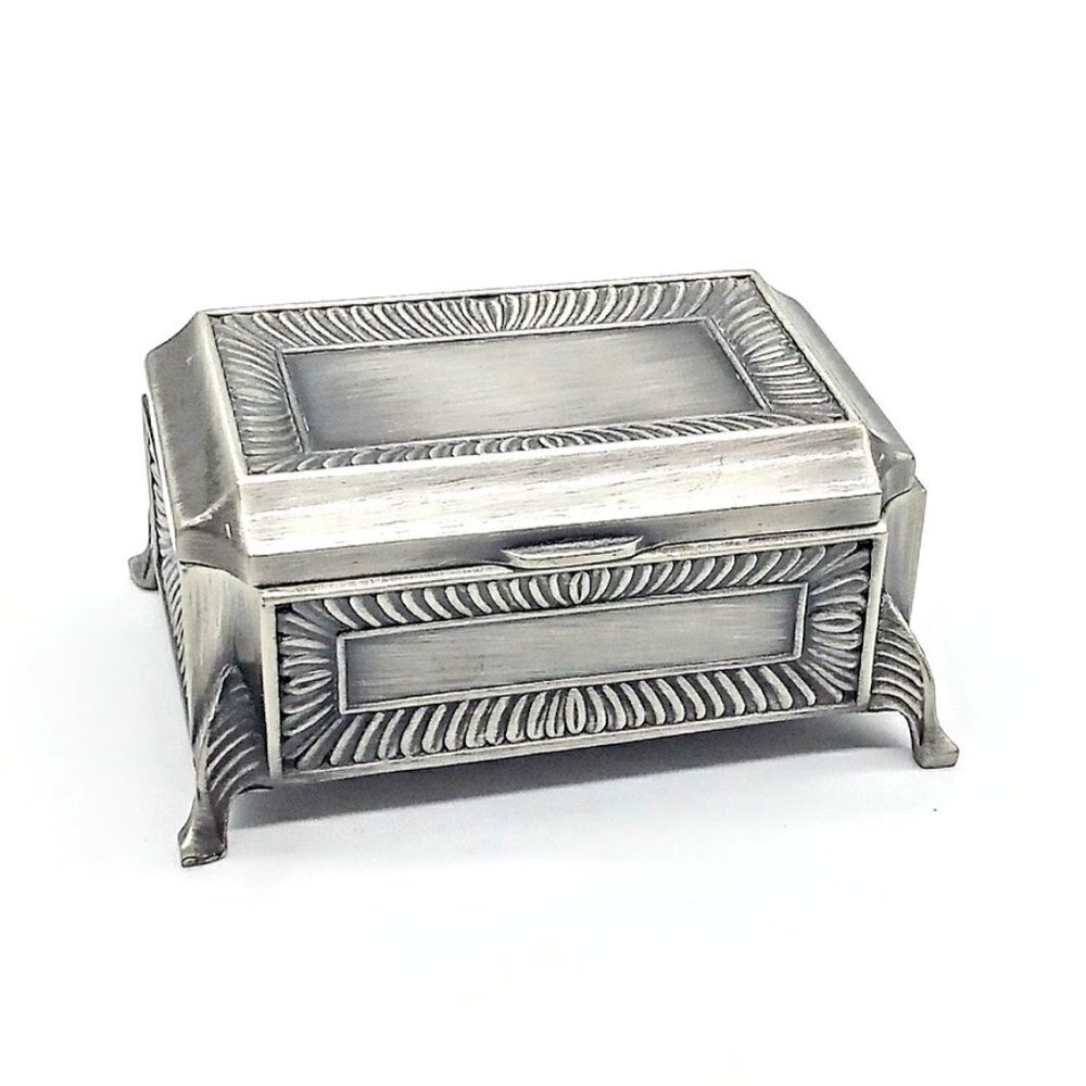 Art Deco Silver Pewter Metal Hinged Footed Trinket Box